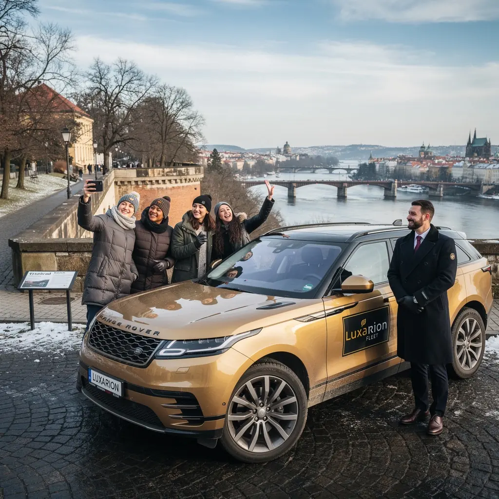 Luxusní auto zaparkované před moderní budovou v Praze.